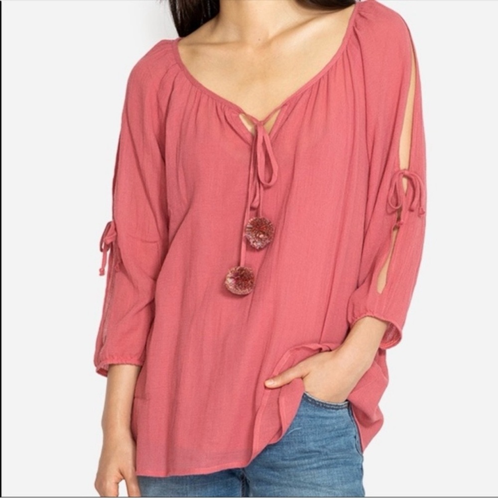 Johnny Was Calme Women’s Guava Gauze Split Sleeve Top Sz XS Lagenlook Boho